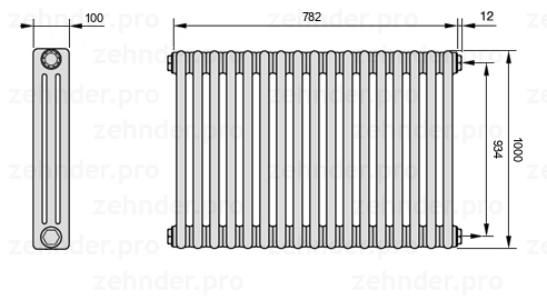 Схема (чертеж) Радиатор Zehnder Charleston 3100/17 №7610 Белый глянцевый RAL 9016